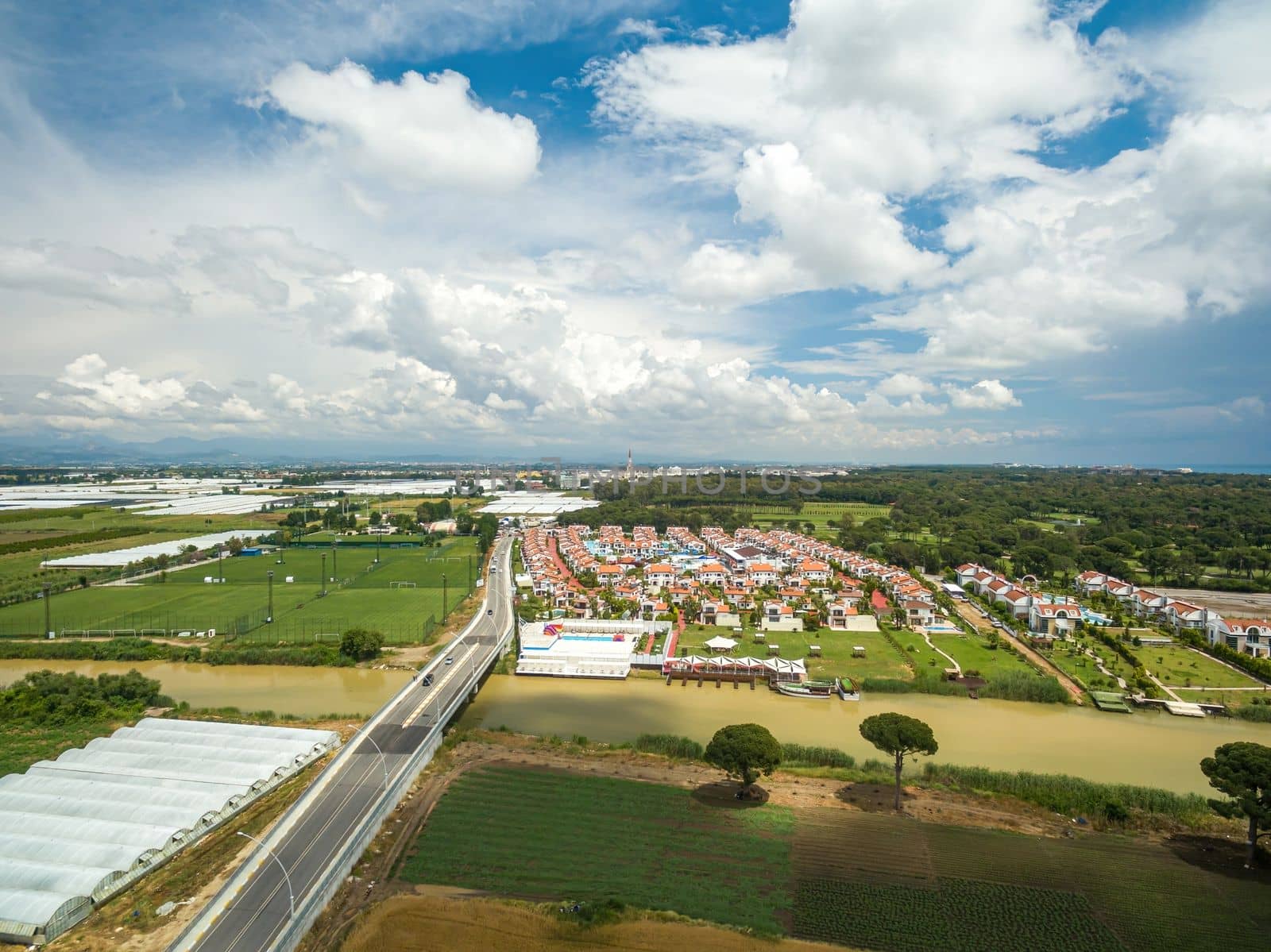 Aerial photo of football fields on cloudy day