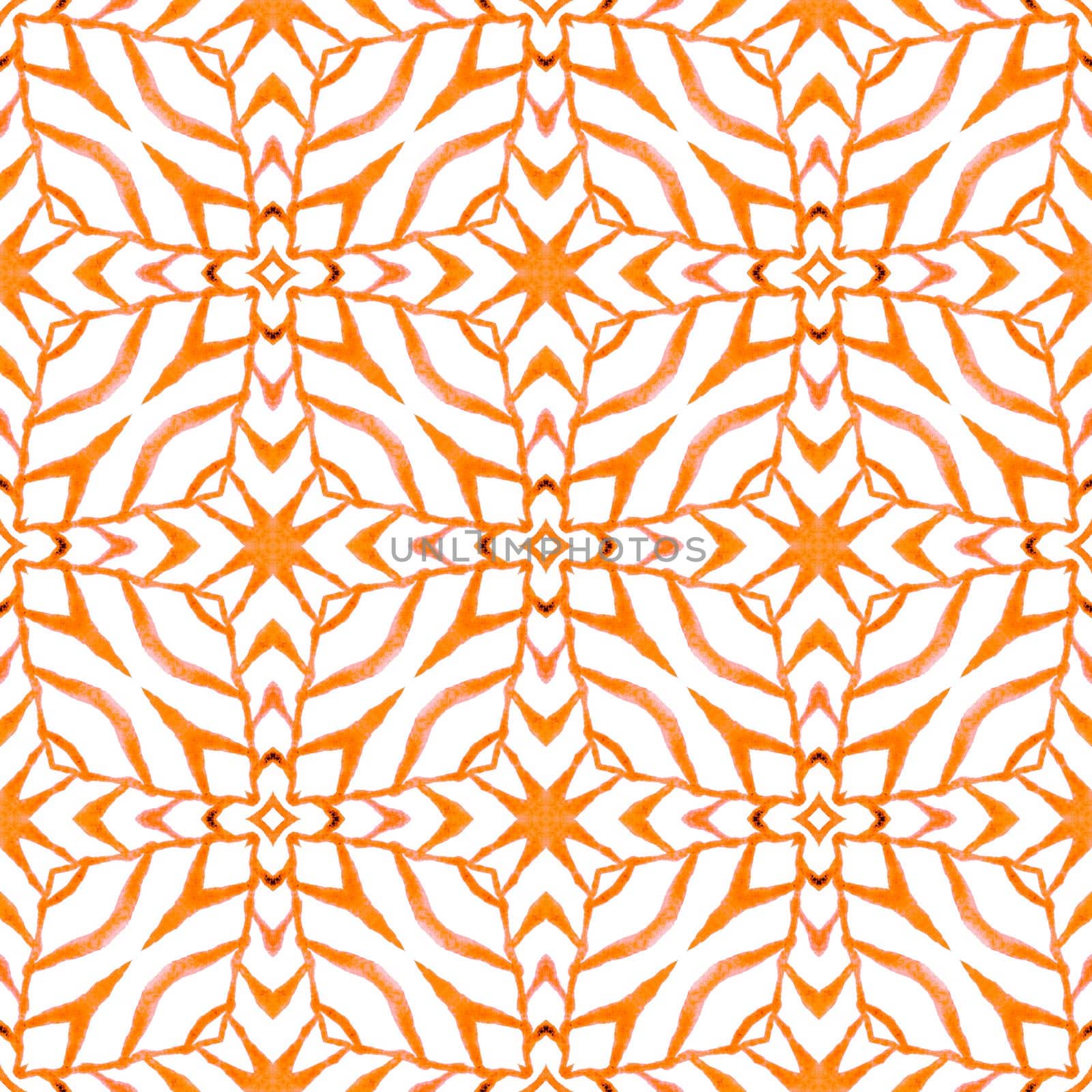 Mosaic seamless pattern. Orange glamorous boho chic summer design. Hand drawn green mosaic seamless border. Textile ready exquisite print, swimwear fabric, wallpaper, wrapping.