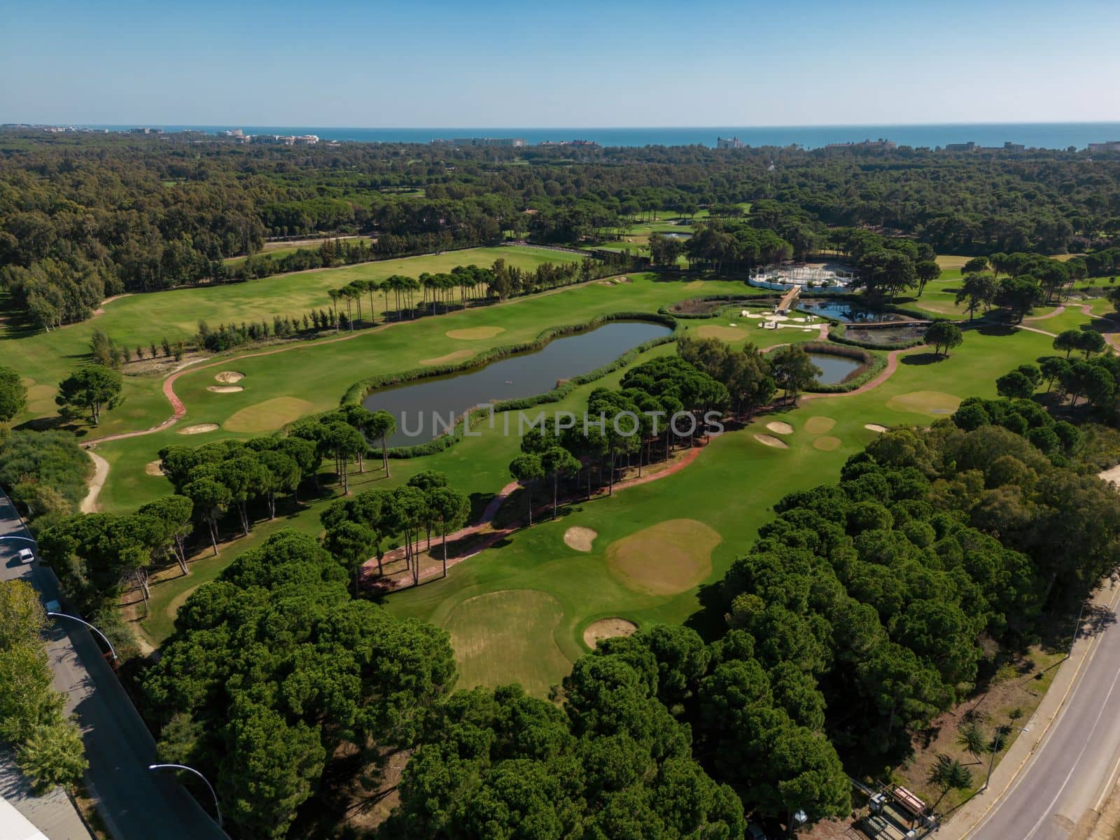 Aerial view of the golf course in Antalya Belek at sunset