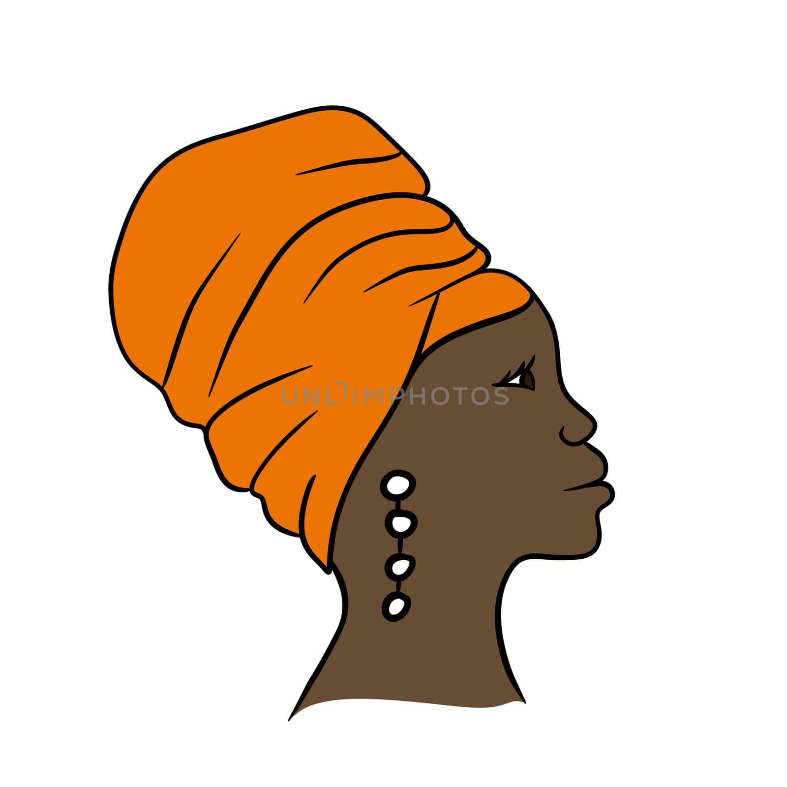 Hand drawn illustration of black african american woman with orange ethnic traditional head wrap wrapping headwear scarf. Black lives matter fashion design, modern elegant print for beauty products, minimalist style. by Lagmar