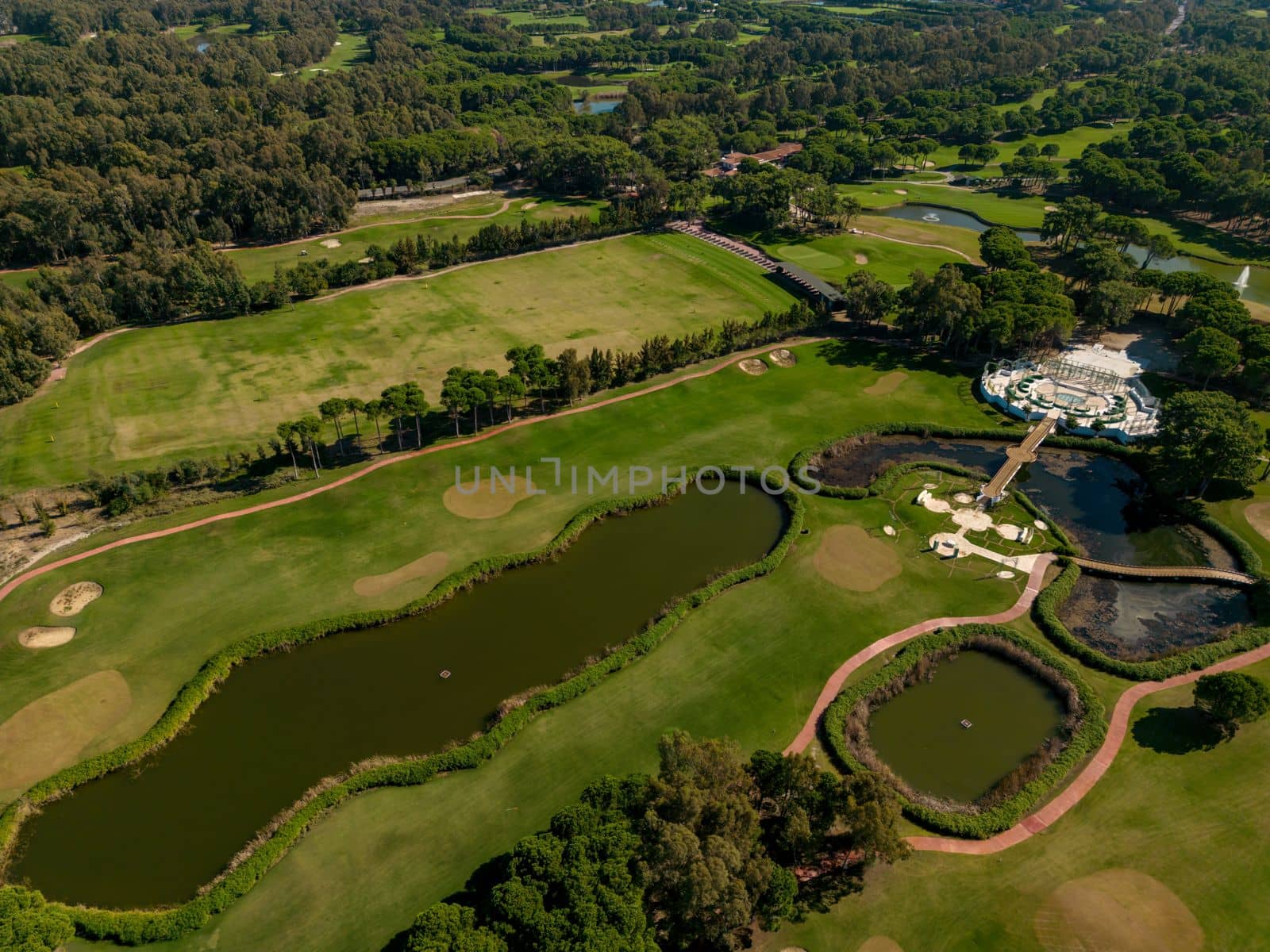 Aerial view of the golf course in Antalya Belek at sunset