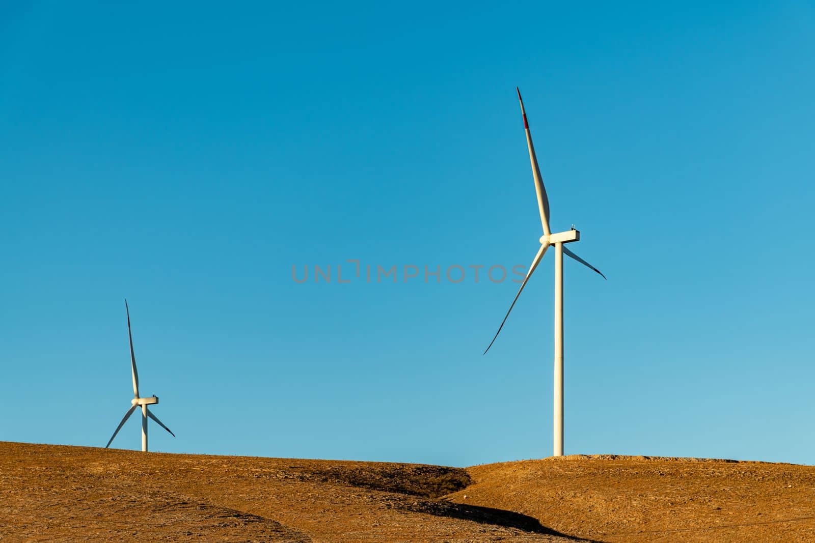 Multiple wind turbines standing on a hill at sunrise and generating electricity by Sonat