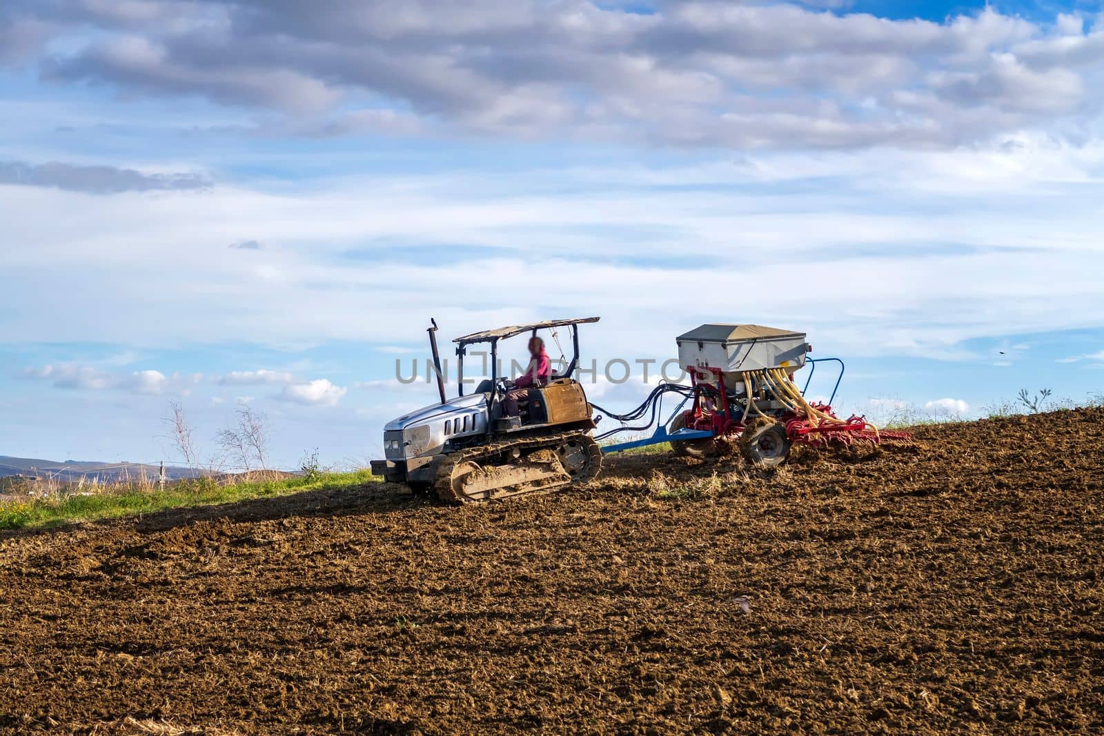 An old small tractor cultivated ground and sows. Agriculture and agronomy concept.
