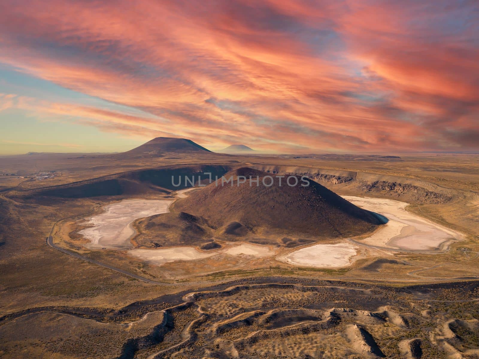 Aerial view of Meke lake with Meke mountain in the background at sunrise by Sonat