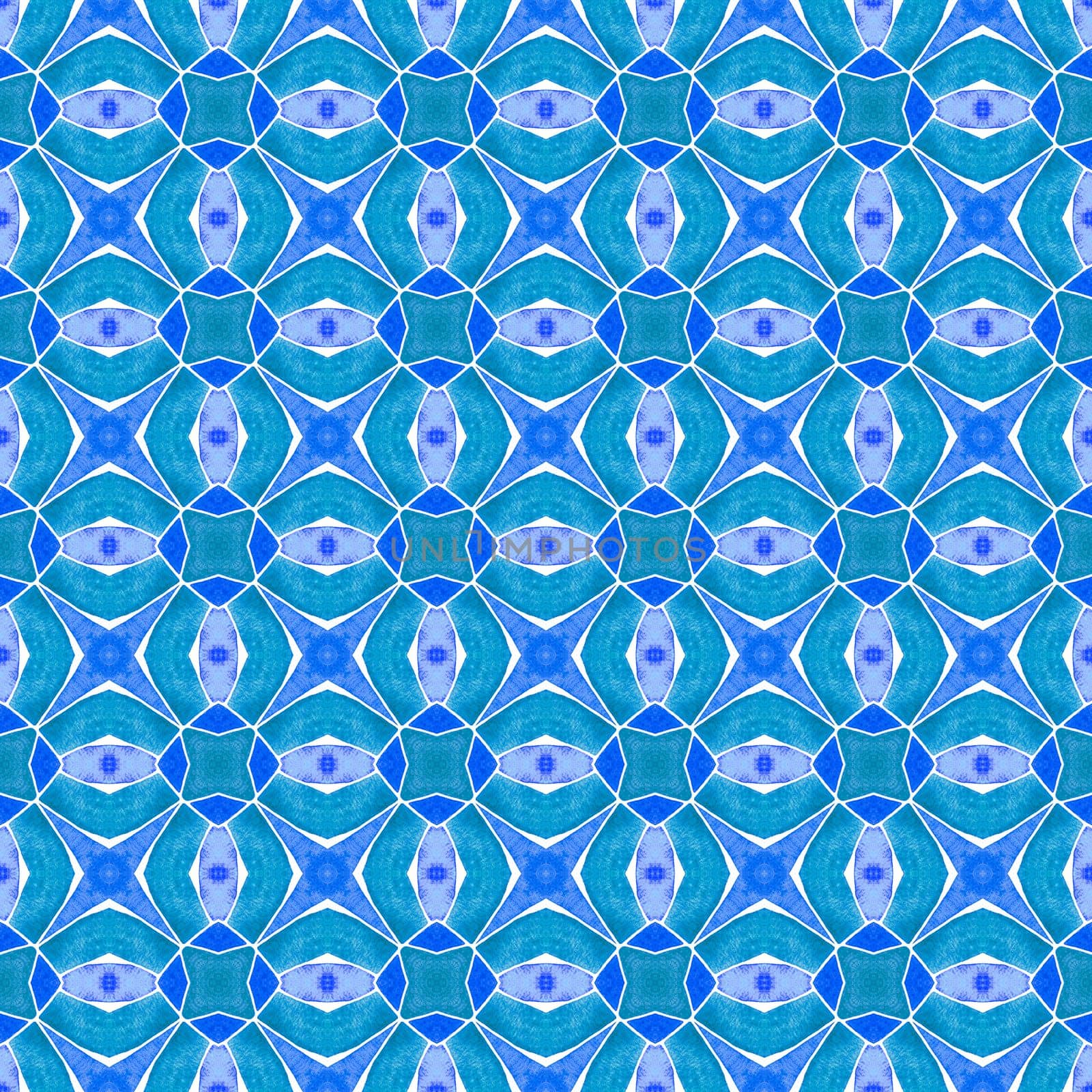 Textile ready bewitching print, swimwear fabric, wallpaper, wrapping. Blue awesome boho chic summer design. Ikat repeating swimwear design. Watercolor ikat repeating tile border.