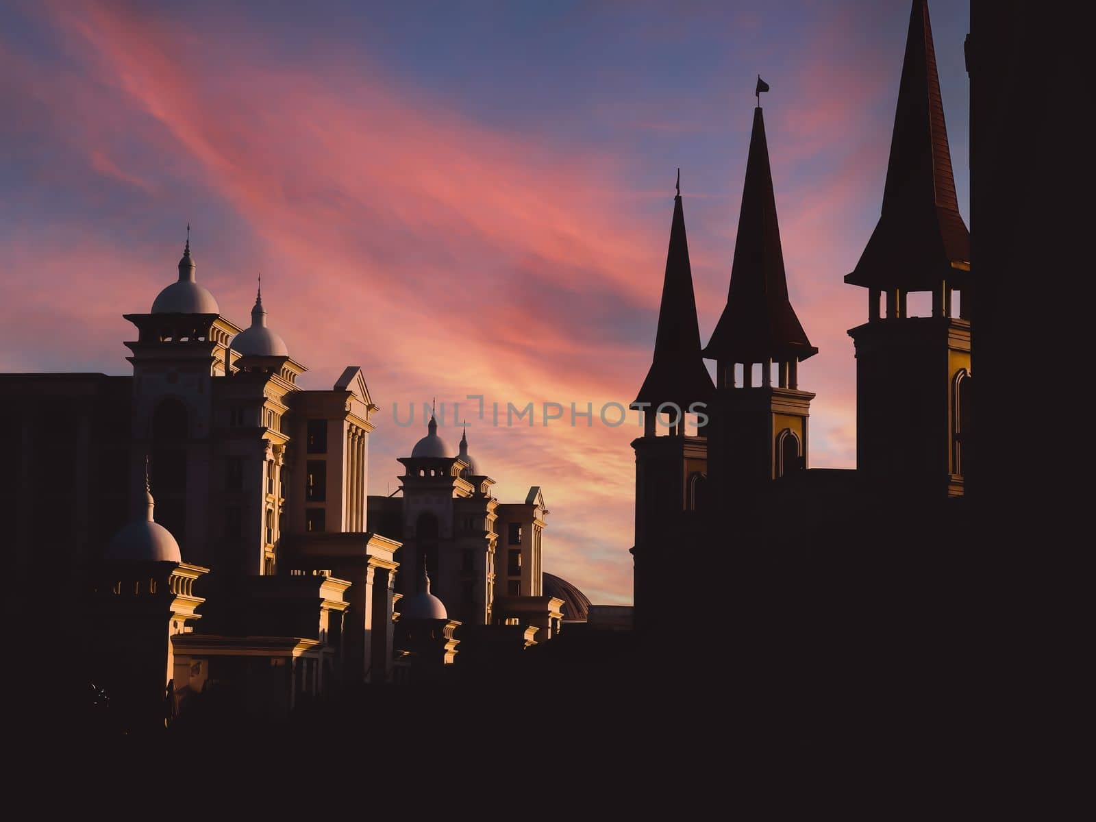 View of several black silhouettes of historic palace towers against a sunset orange sky and a sunbeam