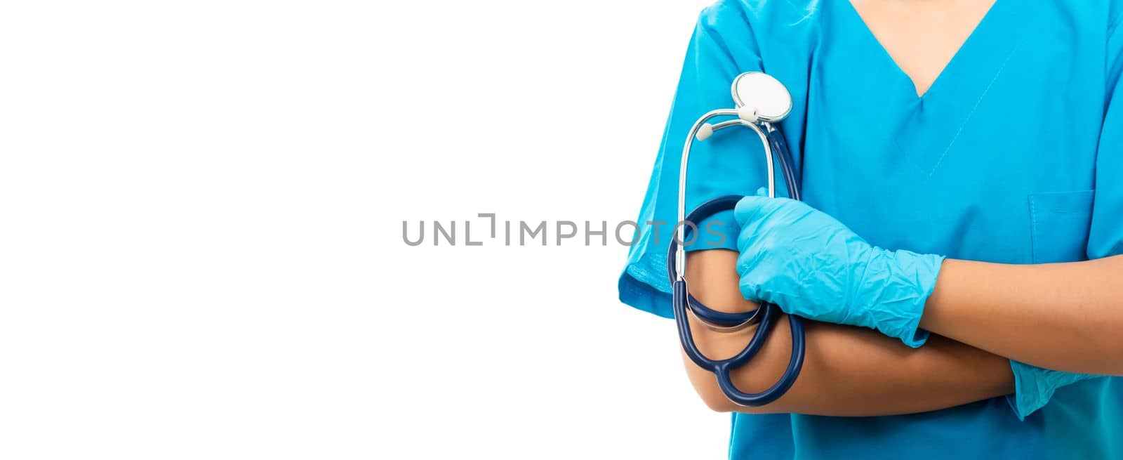 Doctor Day. Female nurse with stethoscope puts on rubber gloves and wearing medical face mask, woman doctor in blue uniform crossed arms, isolated on over white background, medical health concept