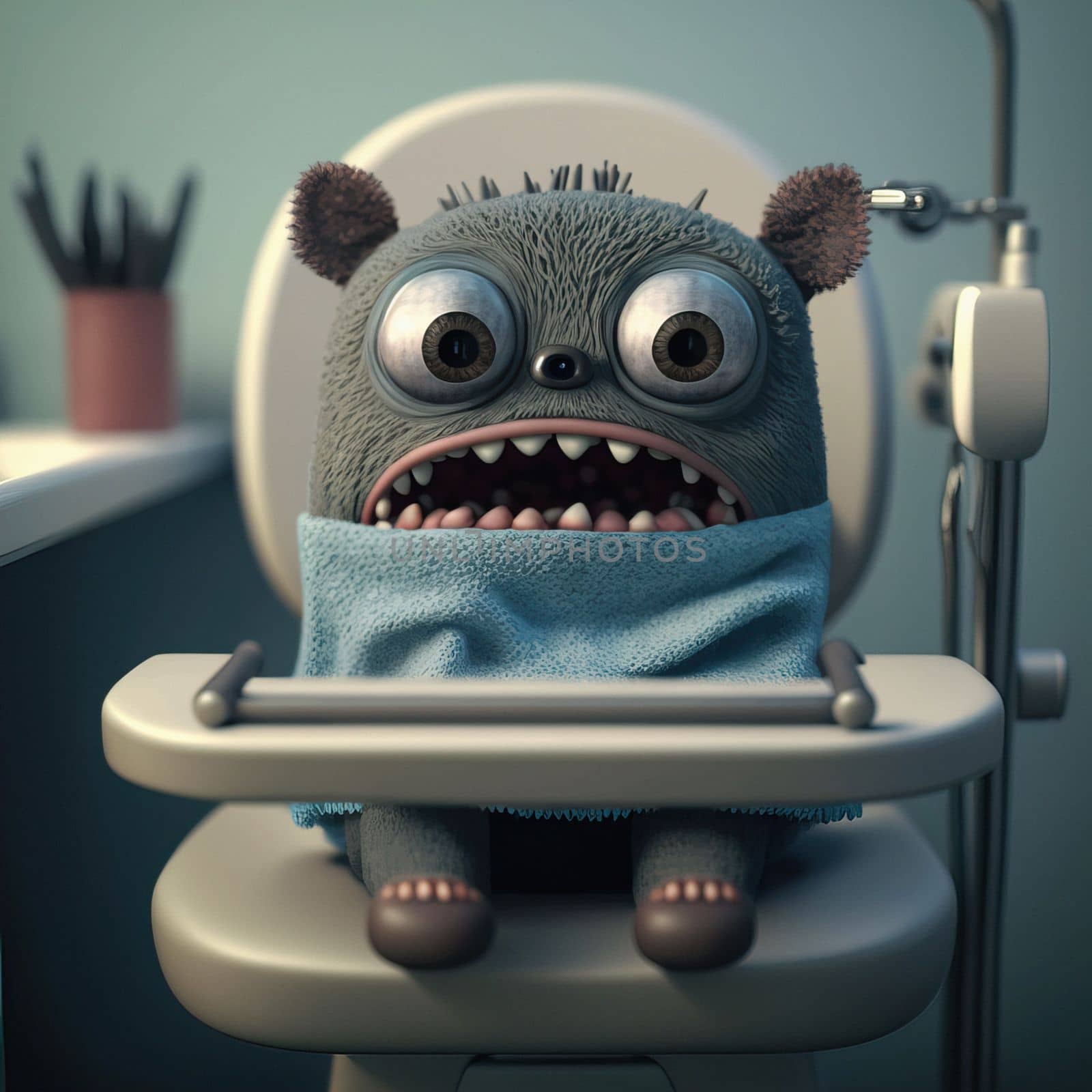 Cute animal in a dental office. Cartoon patient flat medical 3d illustration. Download image