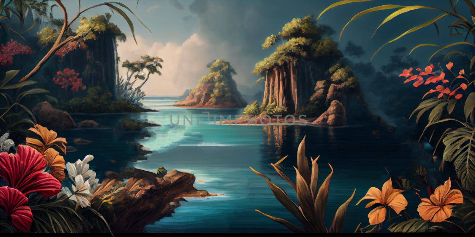 Tropical summer paradise scene landscape with river, ocean, sea, leaves and plants. flowers and birds. Generative AI. 