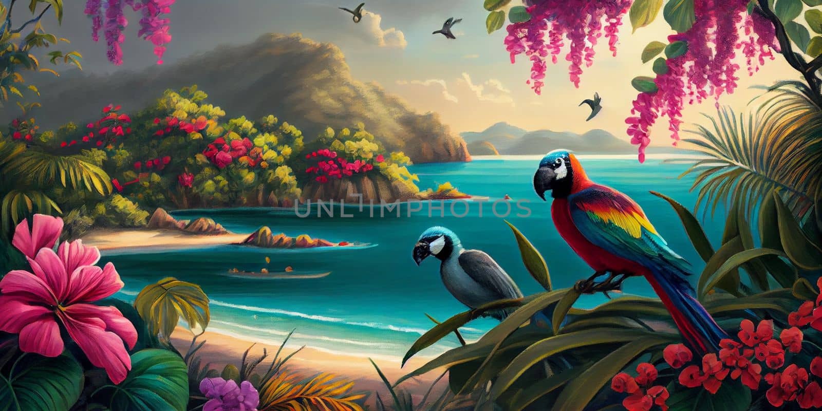 Tropical summer paradise scene landscape with river, ocean, sea, leaves and plants. flowers and birds. Generative AI. 