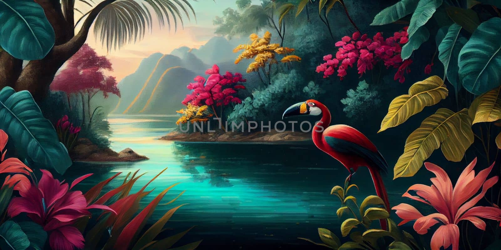 Tropical summer paradise scene landscape with river, ocean, sea, leaves and plants. flowers and birds. Generative AI by lucia_fox