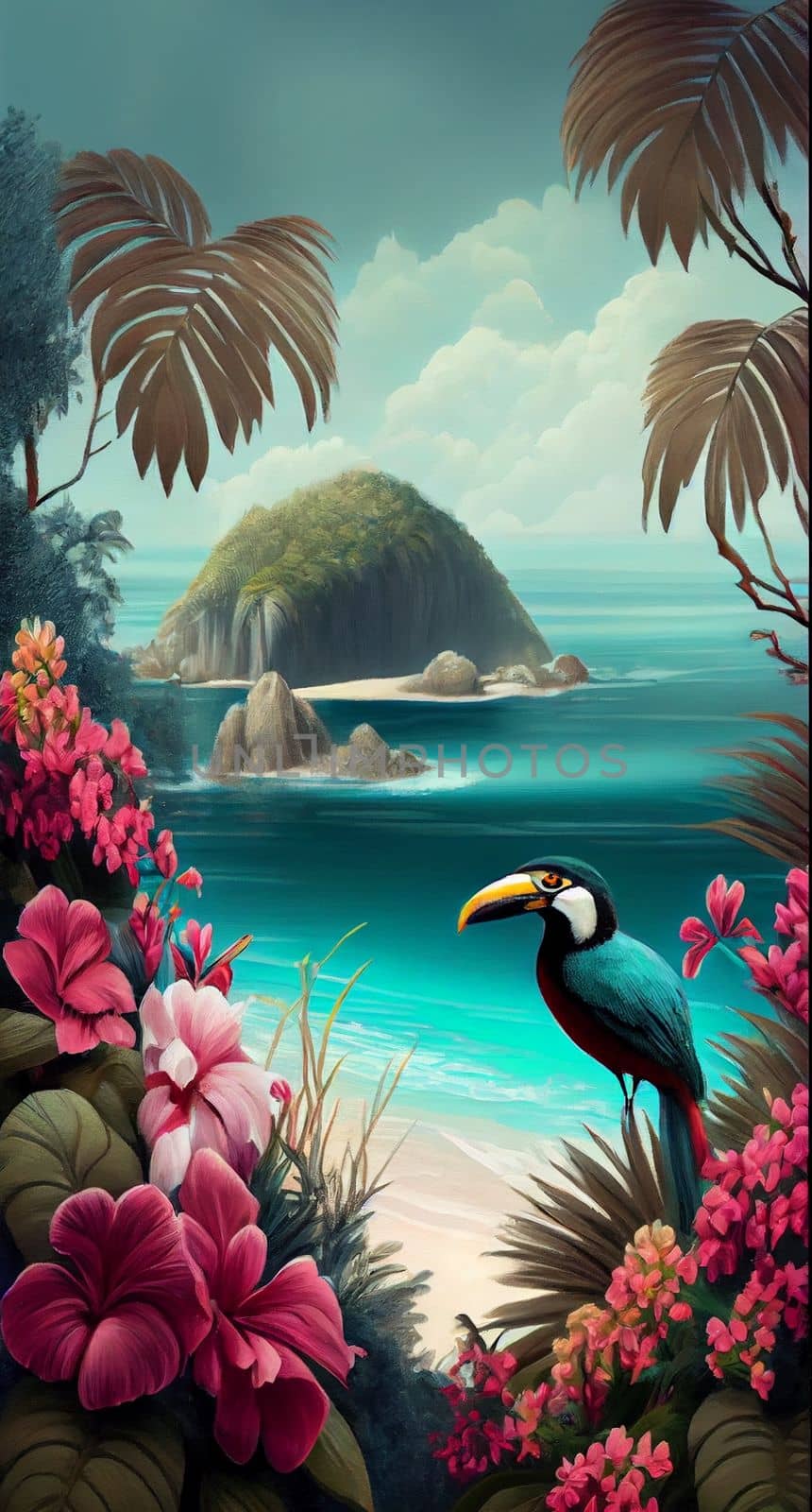 Tropical summer paradise scene landscape with river, ocean, sea, leaves and plants. flowers and birds. Generative AI. 