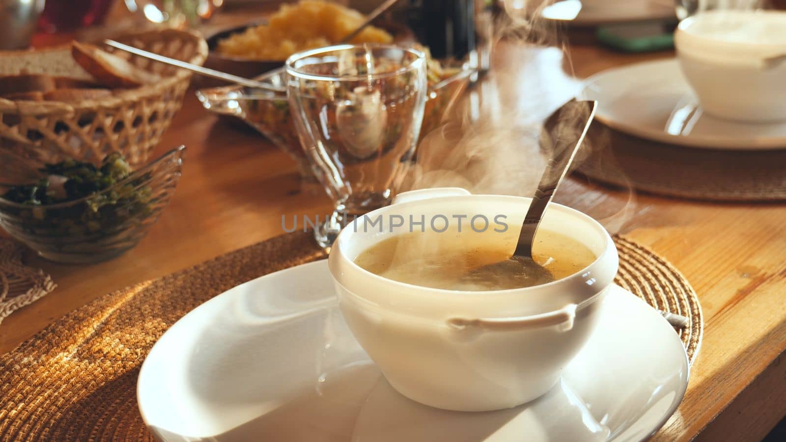 Hot soup on the table in the house