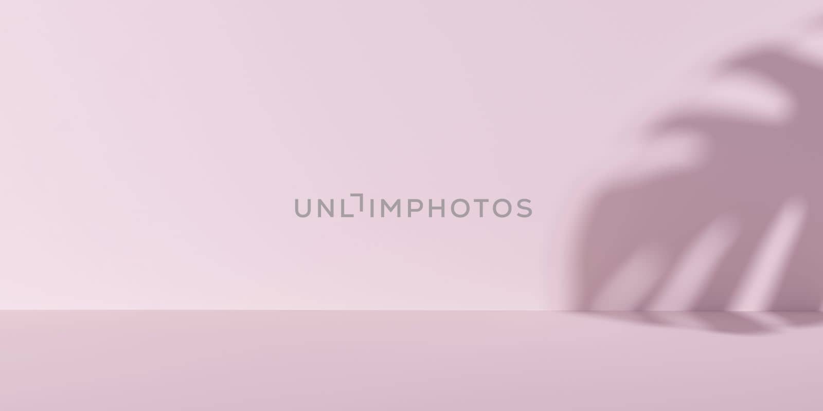 Panoramic of Minimalist studio with natural light on pink background for product display. Empty podium platform. 3D Rendering.