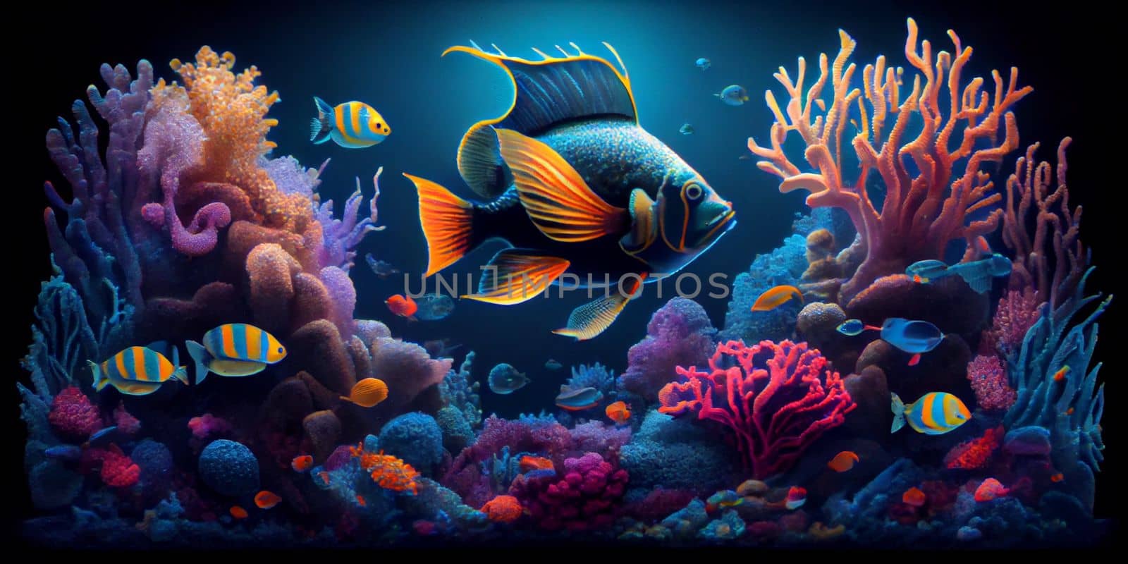 Underwater Scene With Coral Reef And Exotic Fishes. Generative AI.