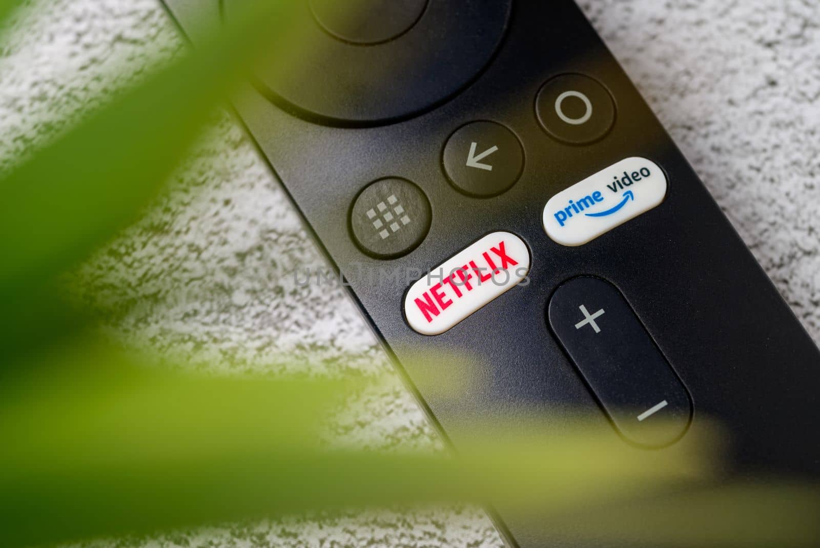 Antalya, Turkey - January 17, 2023: Netflix and Amazon prime video buttons on Smart TV remote by Sonat