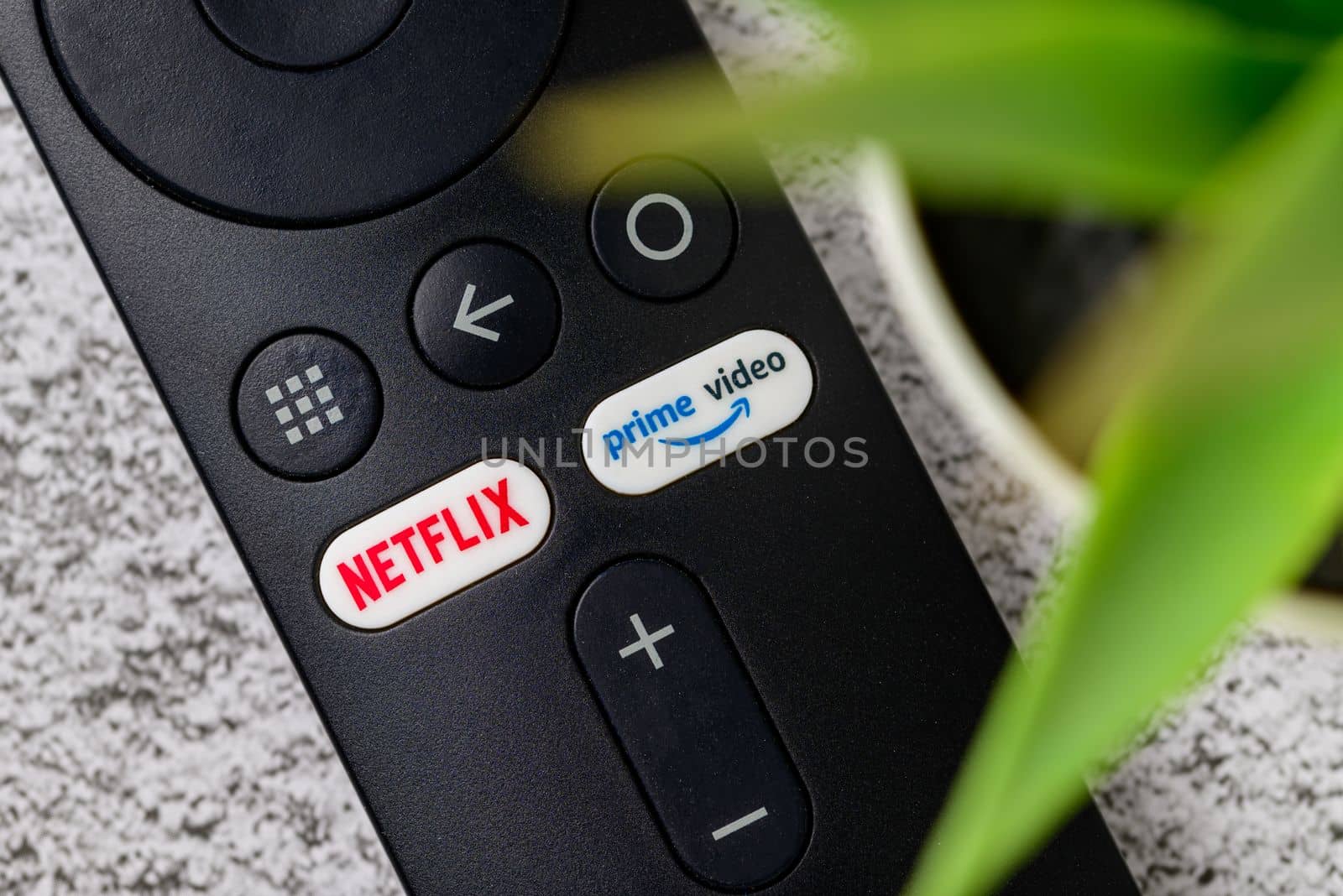Antalya, Turkey - January 17, 2023: Netflix and Amazon prime video buttons on Smart TV remote by Sonat