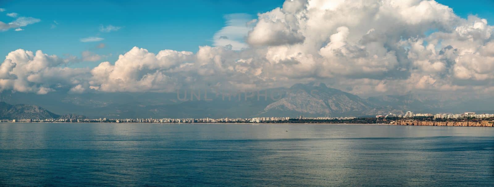 Aerial panoramic view of Antalya Turkey on a partly cloudy sunrise by Sonat
