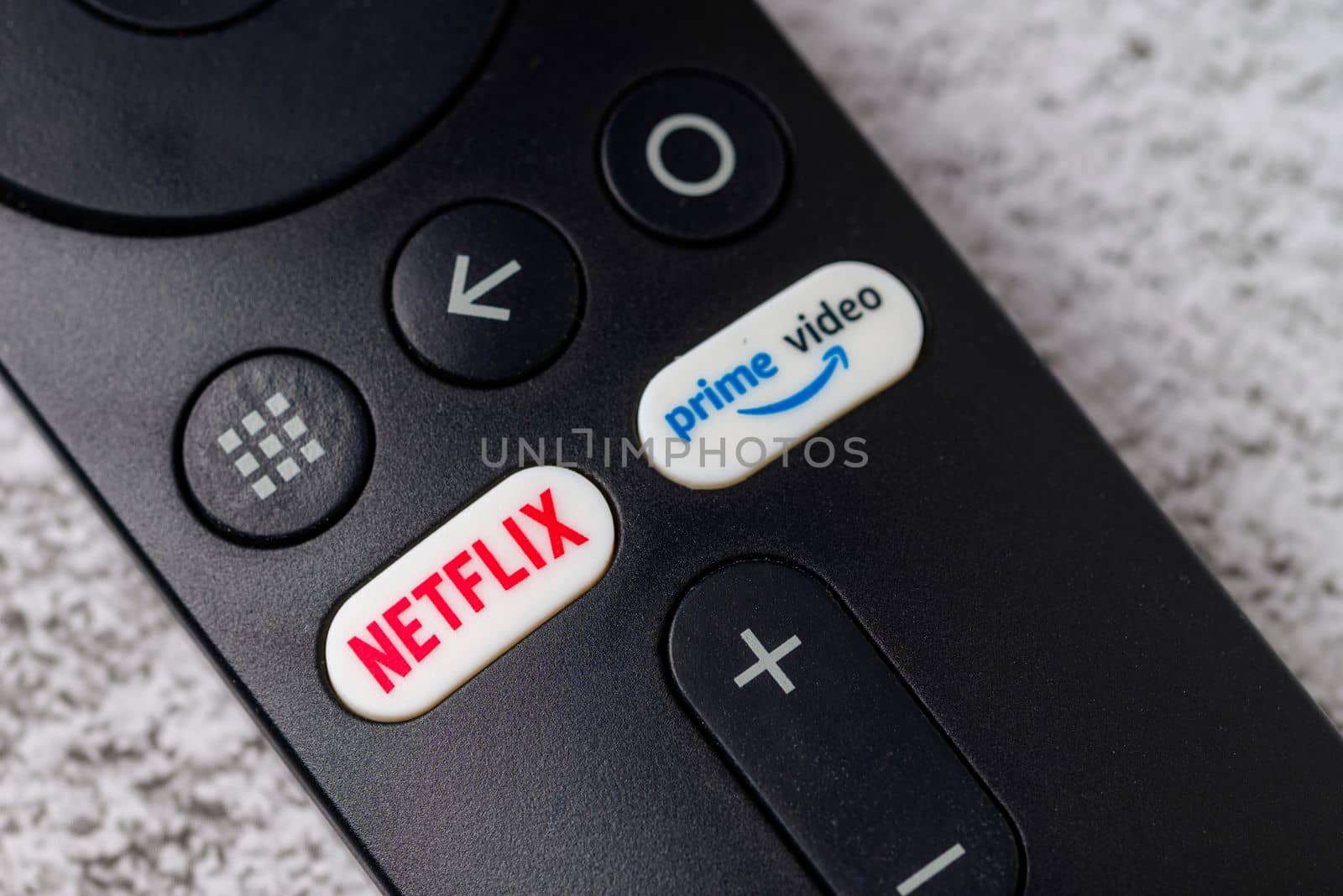 Antalya, Turkey - January 17, 2023: Netflix and Amazon prime video buttons on Smart TV remote