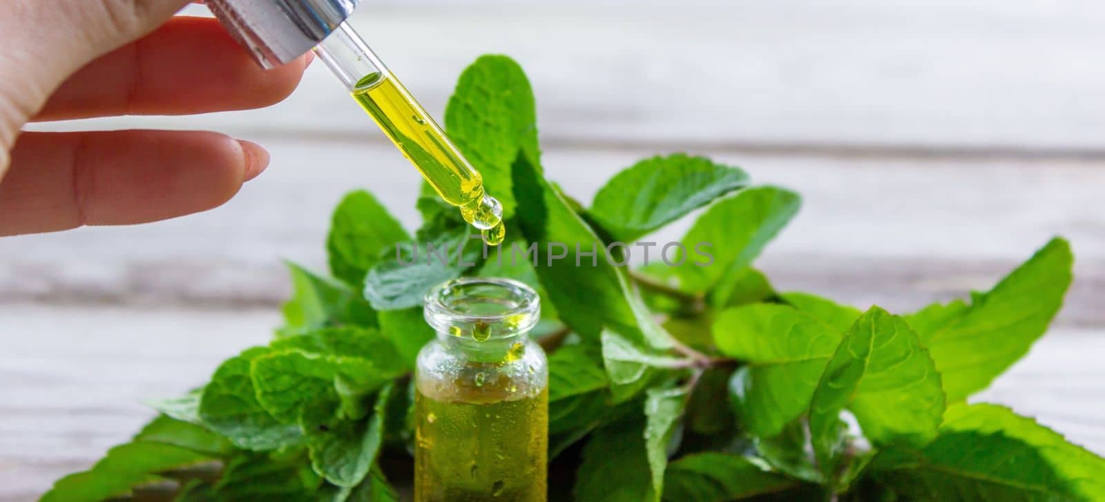 The mint extract in a small jar. Selective focus.