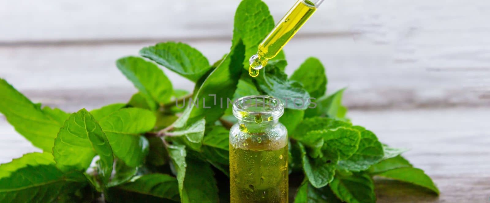 The mint extract in a small jar. Selective focus.