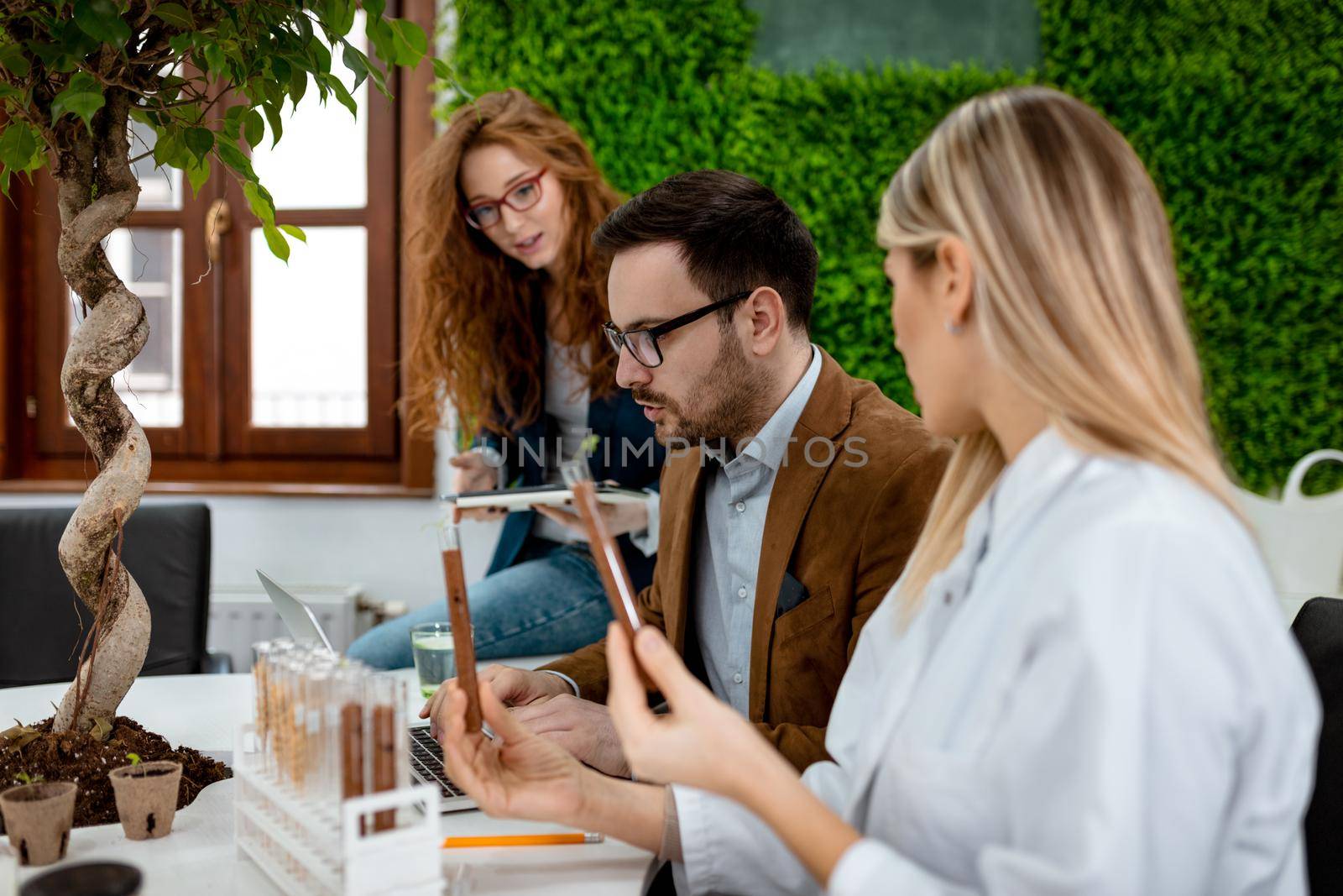 University biologists colleagues taking experiment on sprout and checking the analysis of the sample of plant in the test tube.       