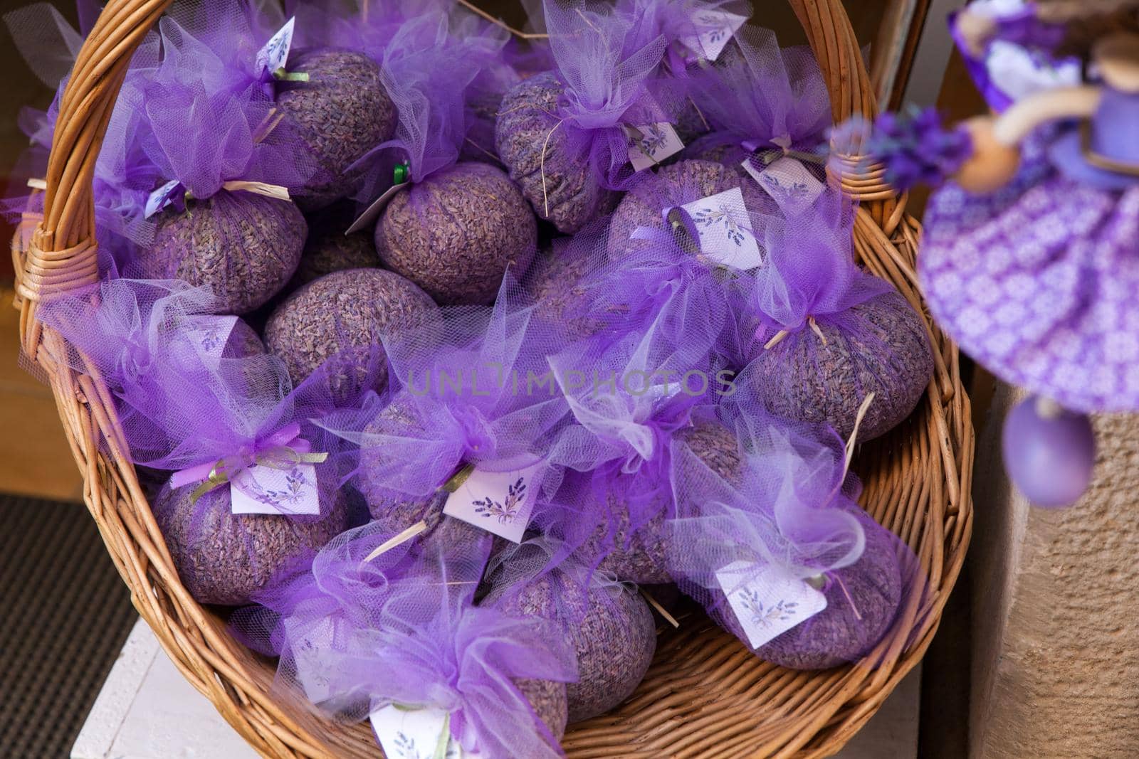 Pouchs with lavender inside a wicker basket