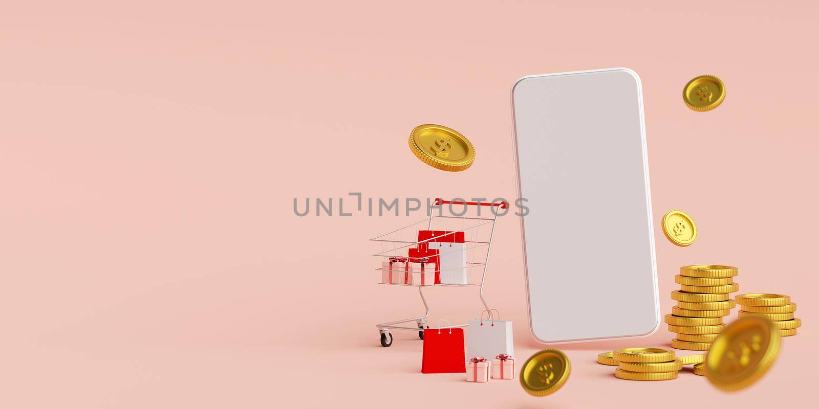 Scene of smartphone with shopping cart and golden coin, Banner background, 3d rendering