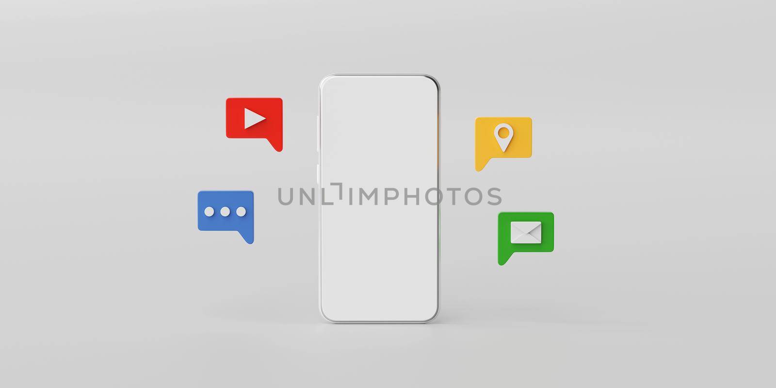 Minimal smartphone mockup with social media application icon in bubble speech, 3d rendering