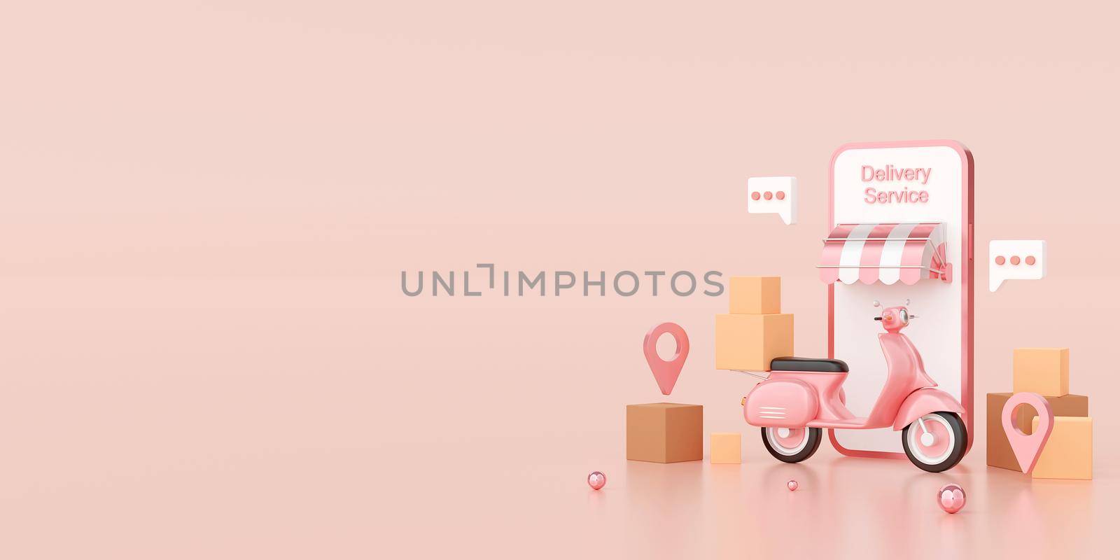 Delivery service on mobile application, Transportation or food delivery by scooter, 3d illustration by nutzchotwarut
