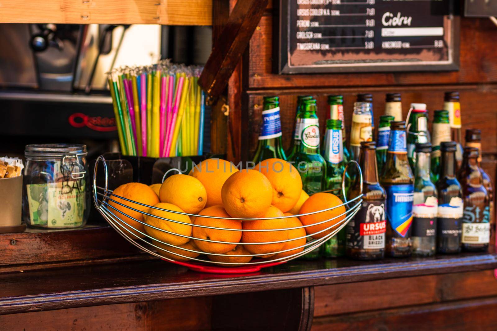 Drinks, products for sale at local street market in Alba Iulia, Romania, 2021 by vladispas