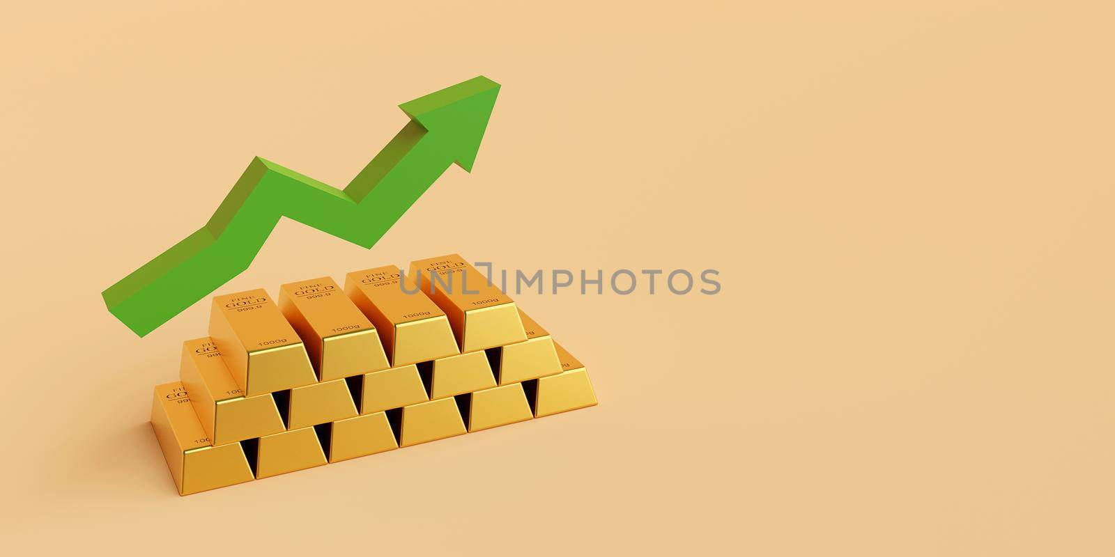 Gold bar with arrow rise up, Banner background with copy space, 3d rendering