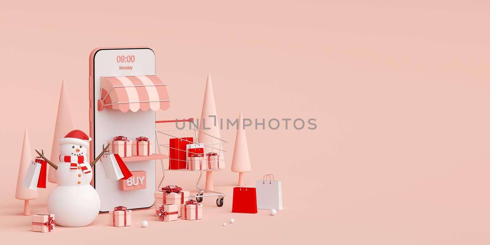 Christmas advertisement banner for web design, Snowman holding shopping bag shopping online on mobile application, 3d rendering by nutzchotwarut
