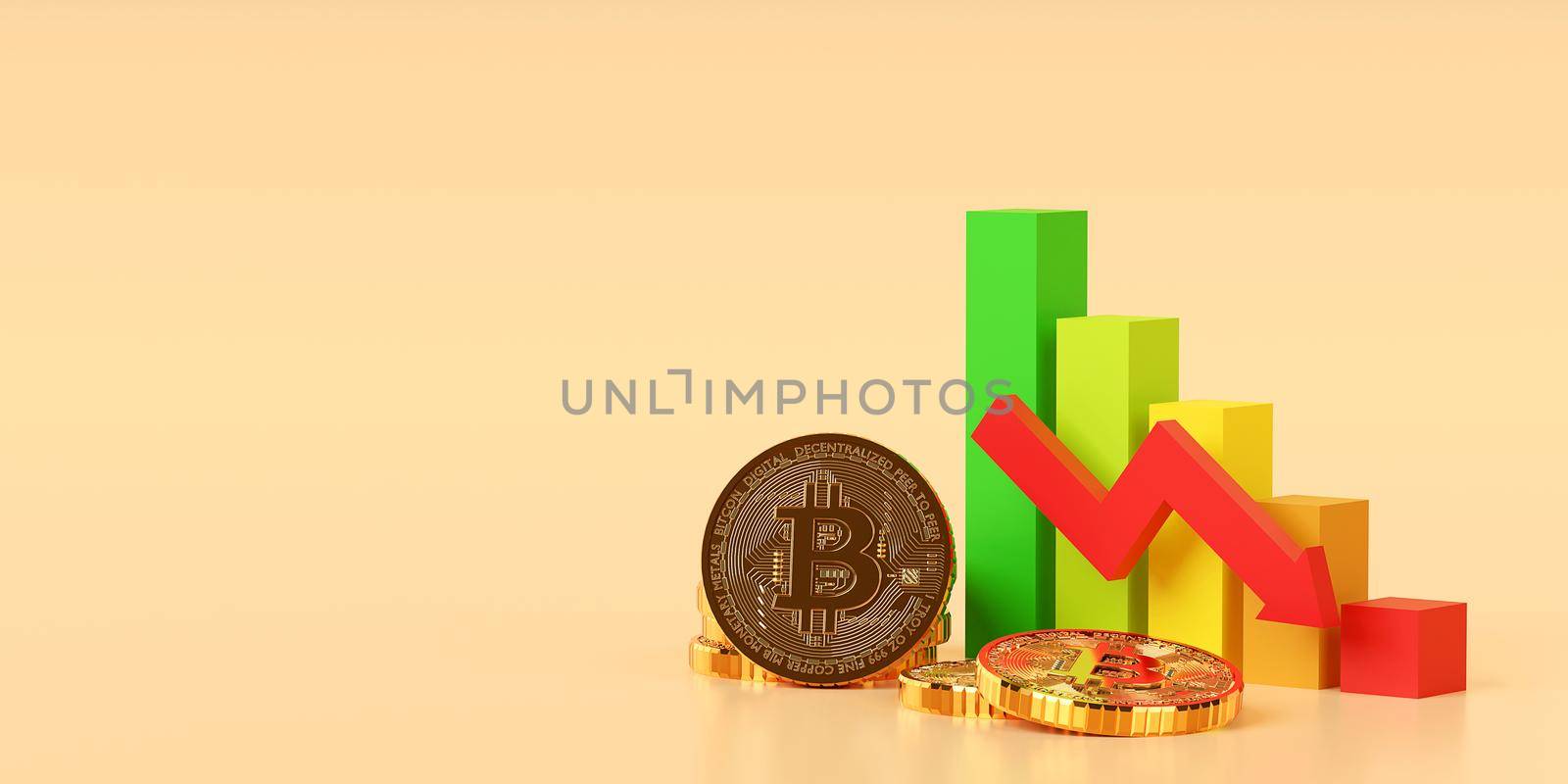 Investment concept, Graph chart of stock market cryptocurrency BTC bitcoin trend down, 3d illustration