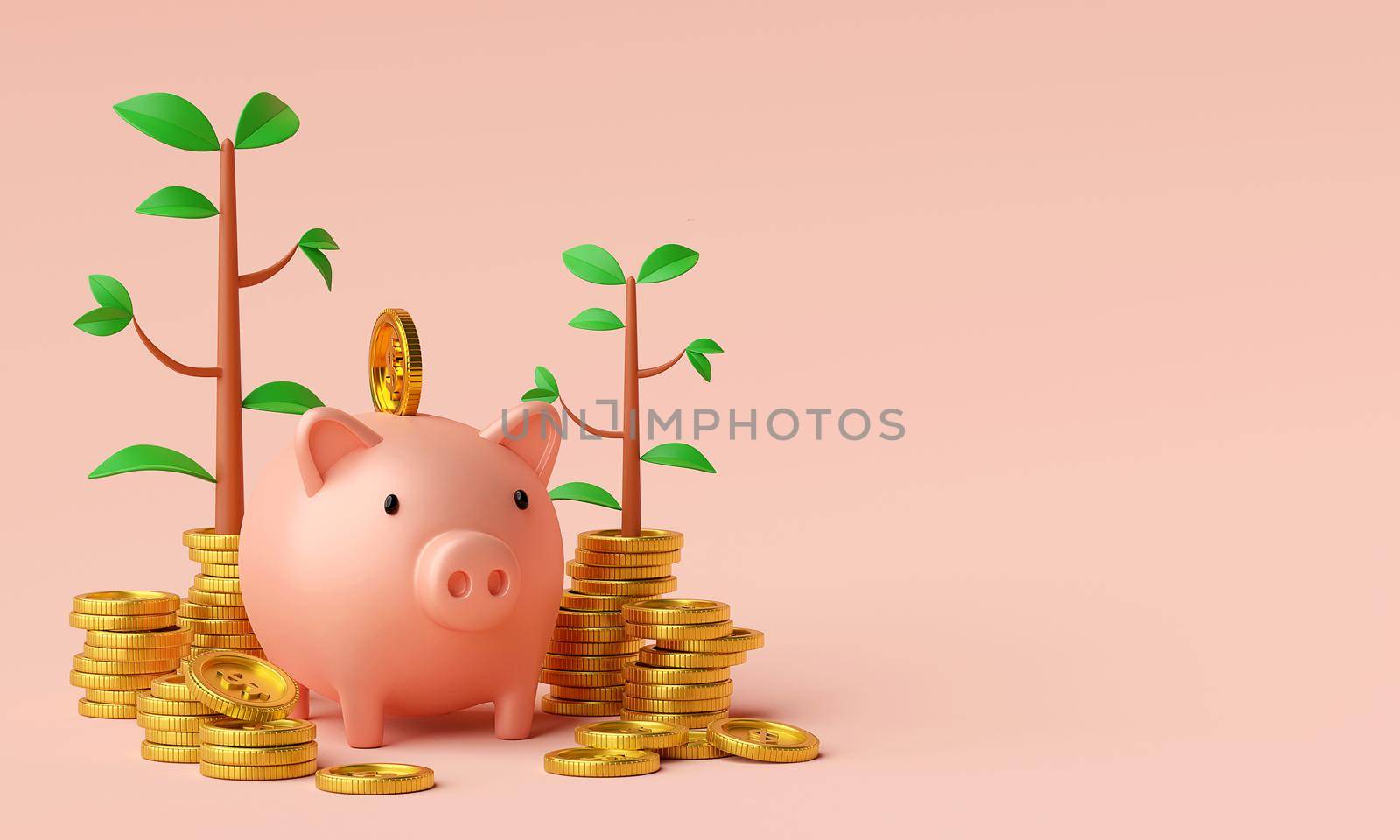 Money Savings Concept, Putting a coin into Piggy bank, Banner background, 3d rendering by nutzchotwarut
