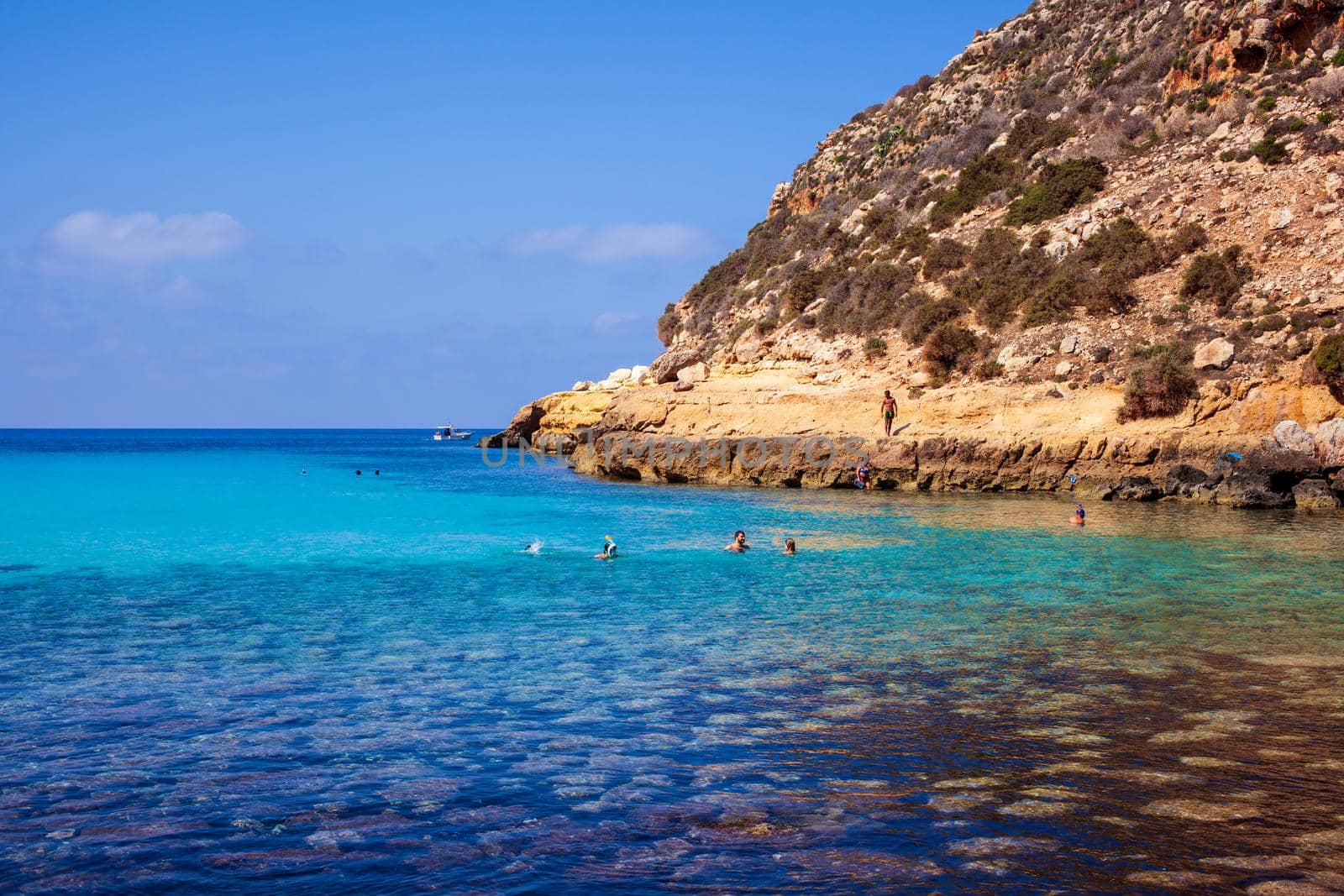 View of Cala Pulcino famous sea place of Lampedusa, Sicily