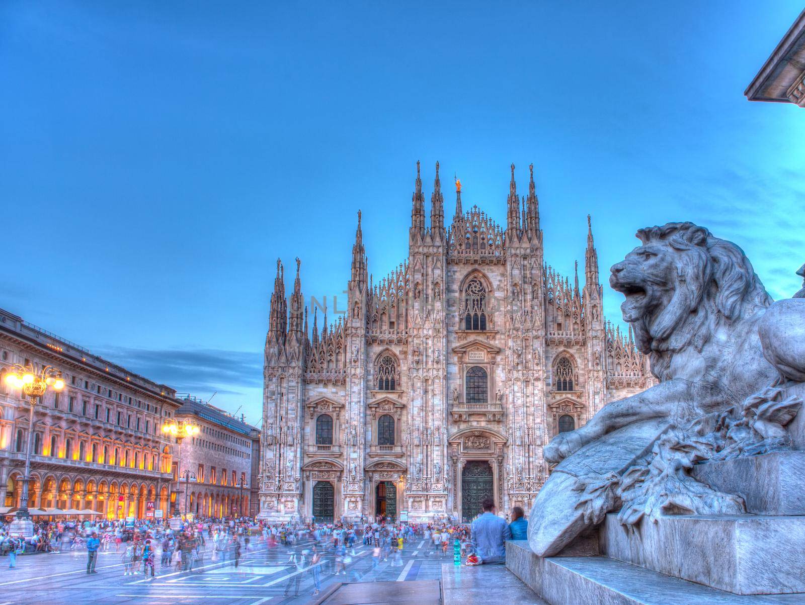 Lion statue of Vittorio Emanuele II monument in Piazza del Duomo Milan, Italy
