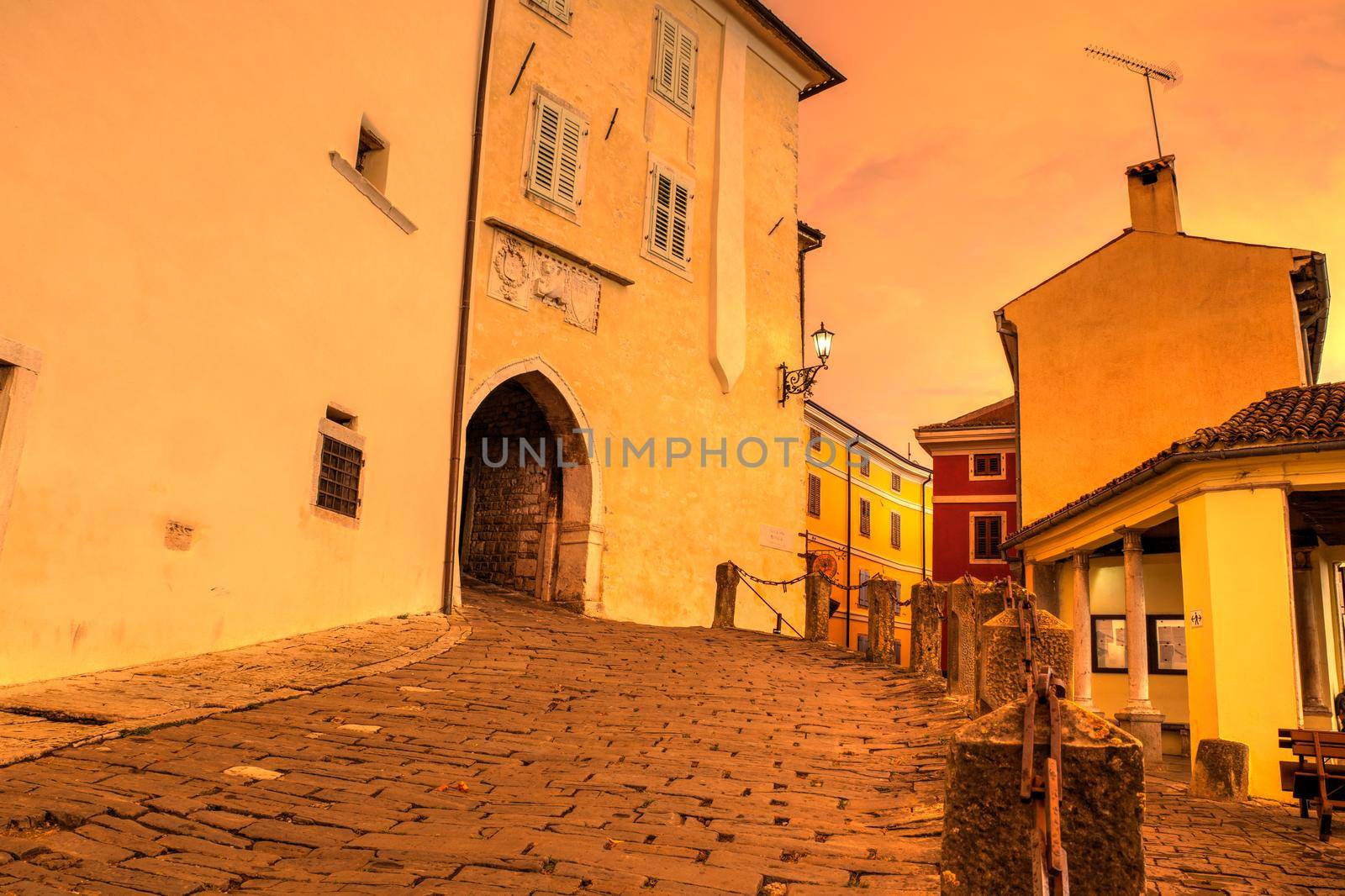 The main Town Gate at sunset in Motovun, Istria. Croatia