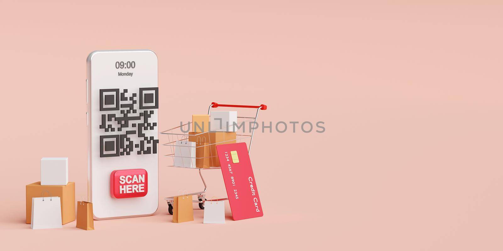 Payment on mobile concept, QR code scanning on mobile making payment and verification, 3d illustration