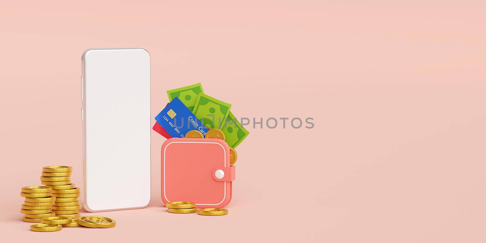 Money wallet on mobile application, money payment and transfer online, 3d illustration