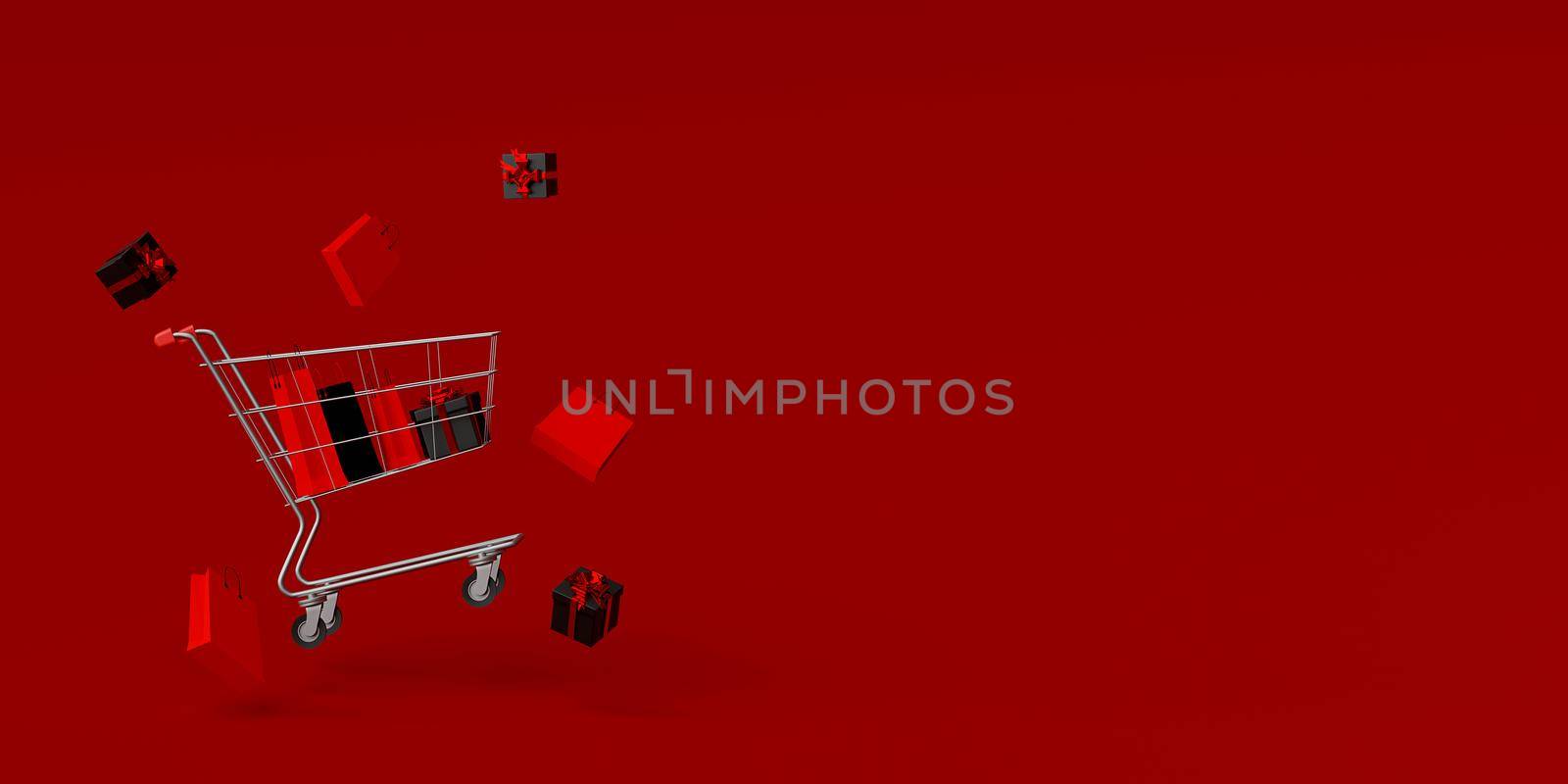 Banner of Black friday with shopping cart full of shopping bags and gifts, 3d rendering
