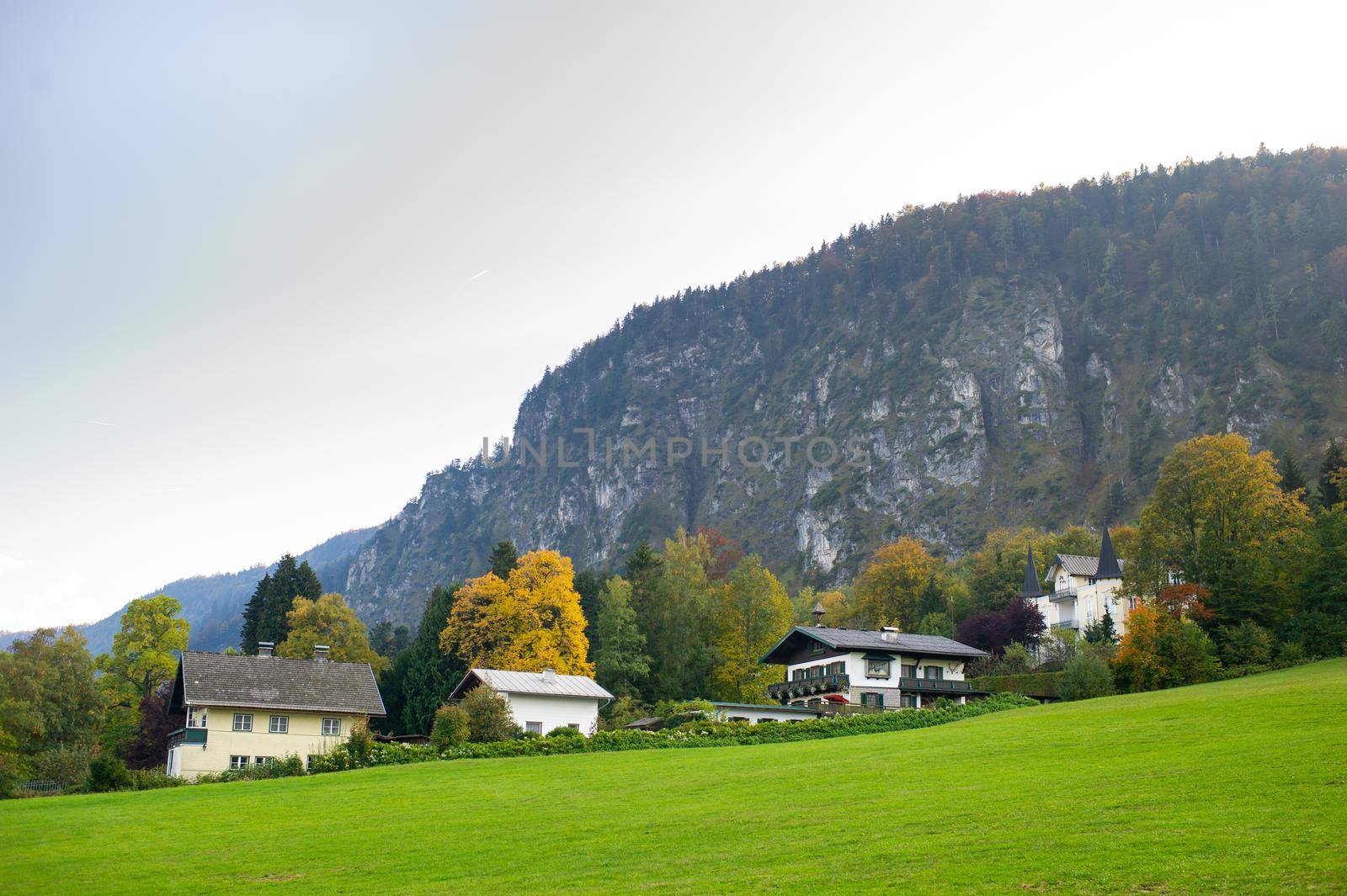 Colorful houses along the street of the city of Salzkammergut in Austria.Europe.