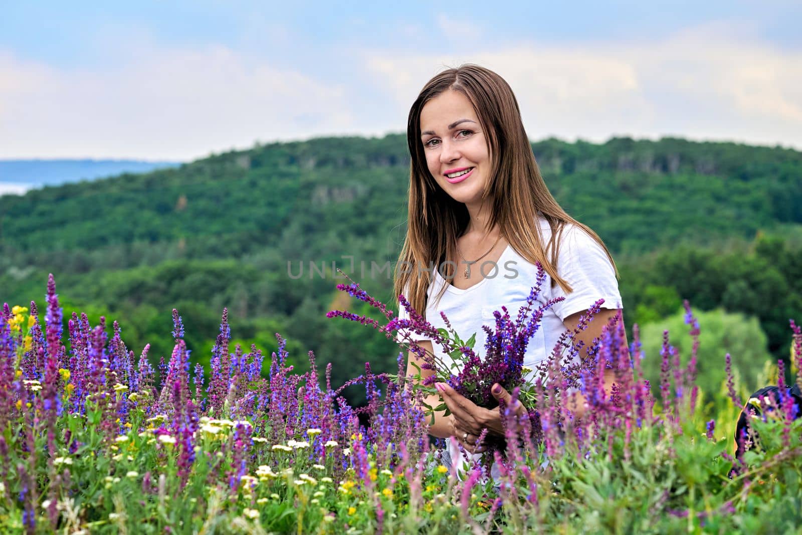 any plant with leaves, seeds, or flowers used for flavoring, food, medicine, or perfume. Pretty young woman picking a bouquet of medic herbs. Lilac flowers and greenery.