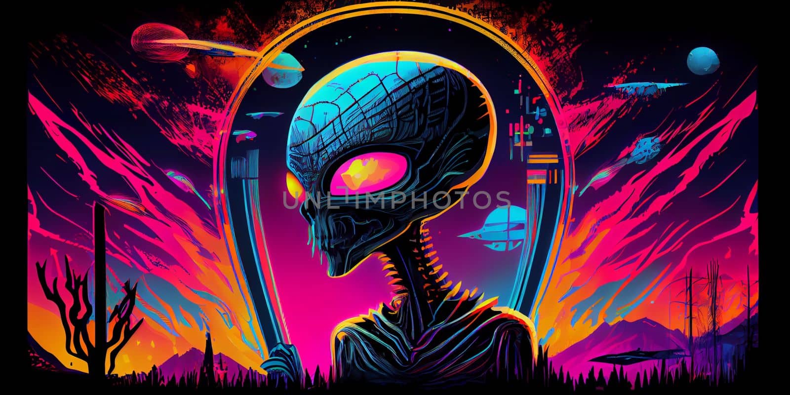 Psychedelic trippy alien cartoon 70s, rave style, acid color. Retrowave concept. AI Generative by lucia_fox