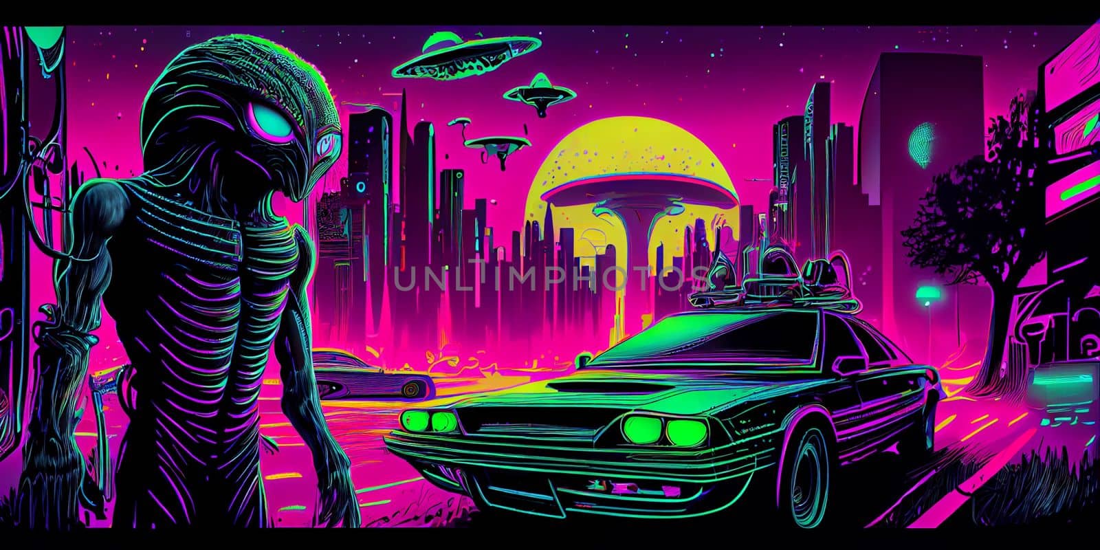 Psychedelic trippy alien cartoon 70s, rave style, acid color. Retrowave concept. AI Generative.
