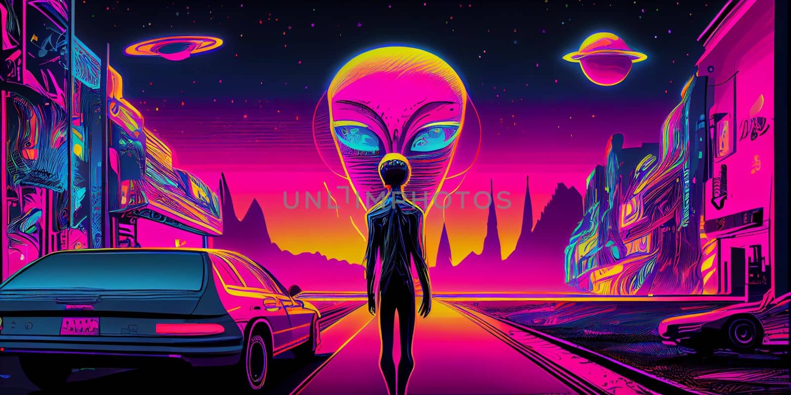 Psychedelic trippy alien cartoon 70s, rave style, acid color. Retrowave concept. AI Generative.