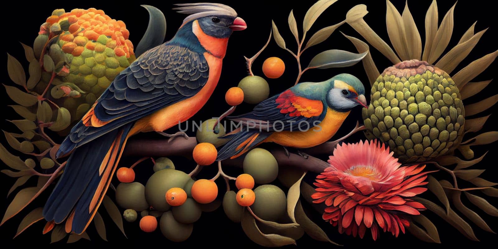 Tropical vintage exotic bird, flower, fruit, palm leaves floral . Exotic jungle wallpaper. AI Generative.
