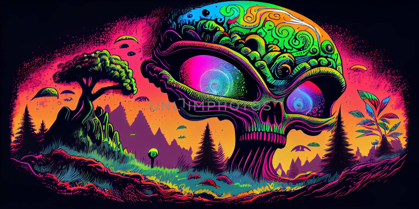 Psychedelic trippy alien cartoon 70s, rave style, acid color. Retrowave concept. AI Generative by lucia_fox