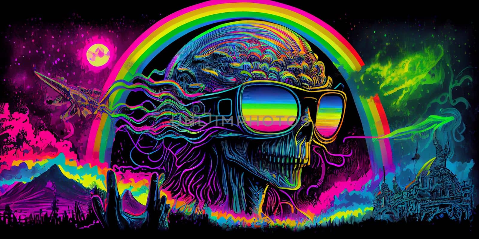 Psychedelic trippy alien cartoon 70s, rave style, acid color. Retrowave concept. AI Generative.