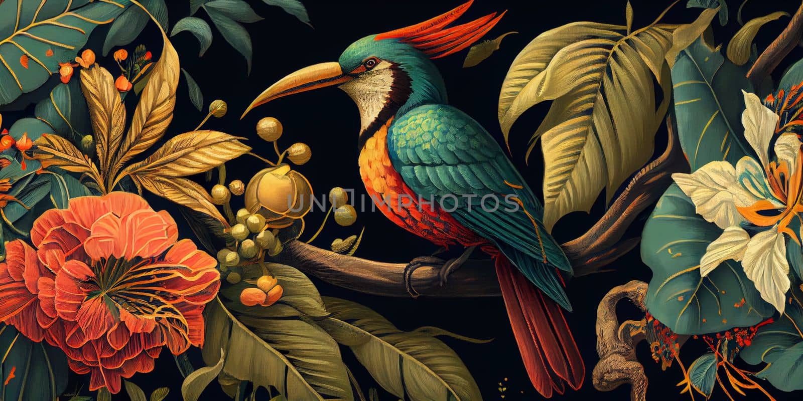 Tropical vintage exotic bird, flower, fruit, palm leaves floral . Exotic jungle wallpaper. AI Generative by lucia_fox